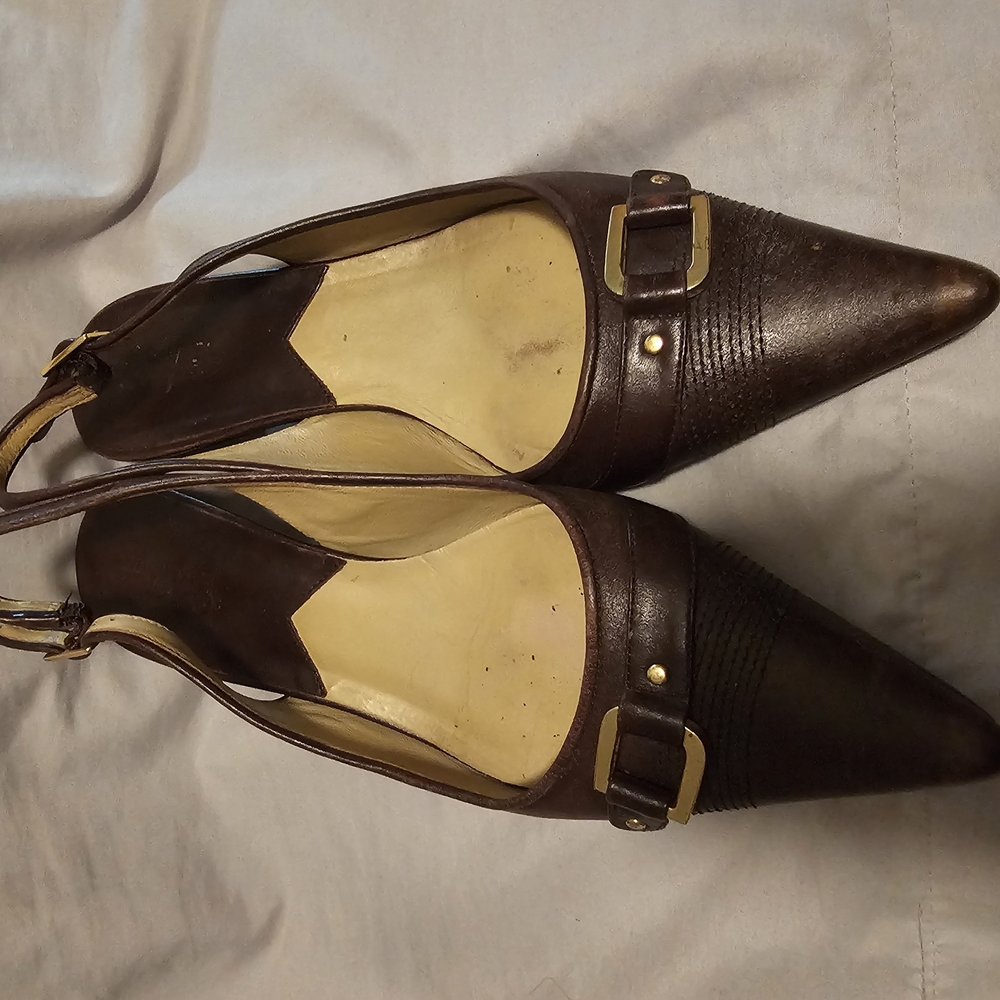 Michael Kors Brown Leather Sling Back Kitten Heels